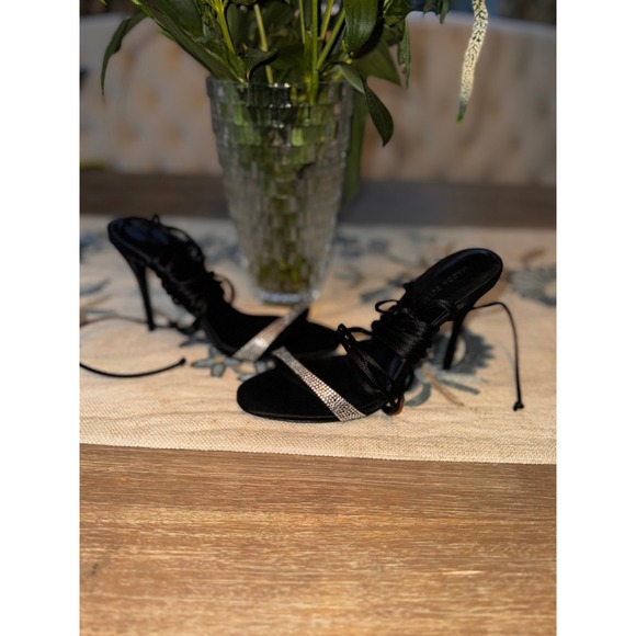 Magda Butrym Black Satin Crystal Embellished Lace Up Stiletto  Heels 39 NWOB - Picture 7 of 13